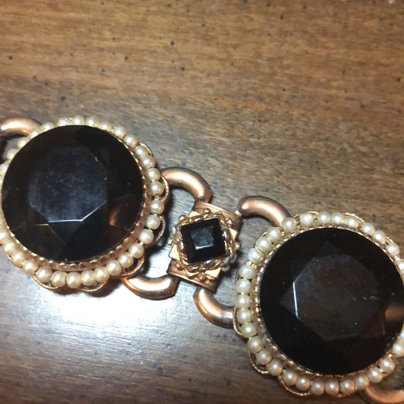 Vintage Jet Black Art Glass Rhinestone and Faux Pearl Bracelet - Picture 12 of 13